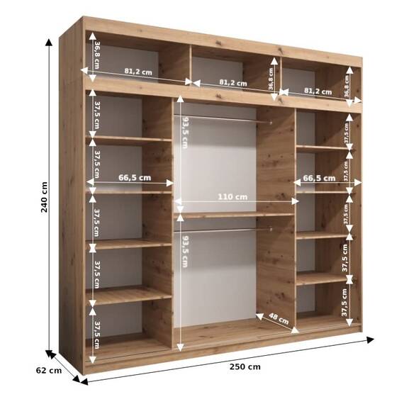 KRYSPOL Schwebetürenschrank Madryt 250 cm mit Spiegel Kleiderschrank mit Kleiderstange und Einlegeboden Schlafzimmer- Wohnzimmerschrank Schiebetüren Modern Design (Schwarz mit Erweiterung)