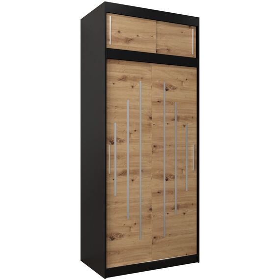Kryspol Schwebetürenschrank York 100 cm Kleiderschrank mit Kleiderstange und Einlegeboden Schlafzimmer- Wohnzimmerschrank Schiebetüren Modern Design (Schwarz + Artisan Eiche mit Erweiterung)