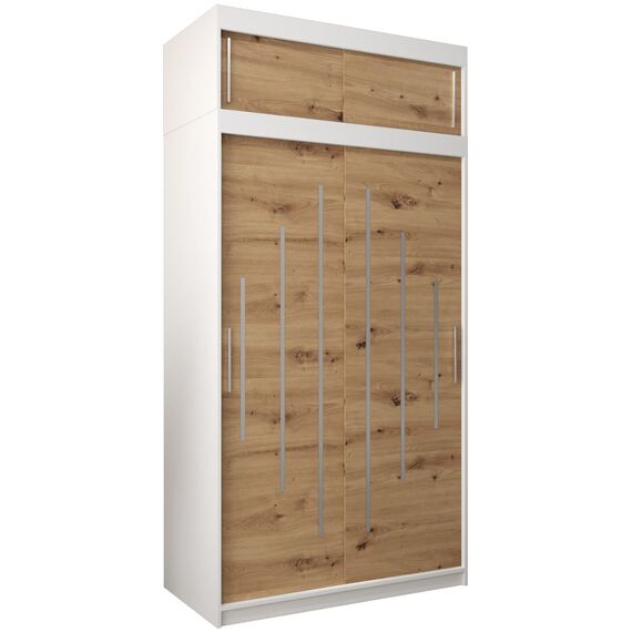 Kryspol Schwebetürenschrank York 120 cm Kleiderschrank mit Kleiderstange und Einlegeboden Schlafzimmer- Wohnzimmerschrank Schiebetüren Modern Design (Weiß + Artisan Eiche mit Erweiterung)