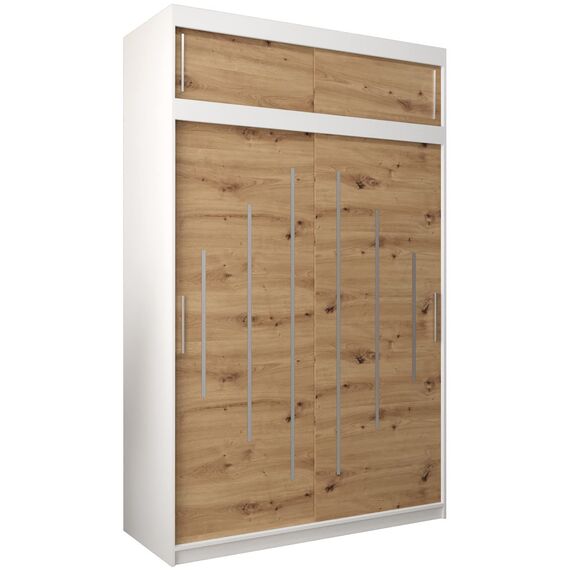 Kryspol Schwebetürenschrank York 150 cm Kleiderschrank mit Kleiderstange und Einlegeboden Schlafzimmer- Wohnzimmerschrank Schiebetüren Modern Design (Weiß + Artisan Eiche mit Erweiterung)