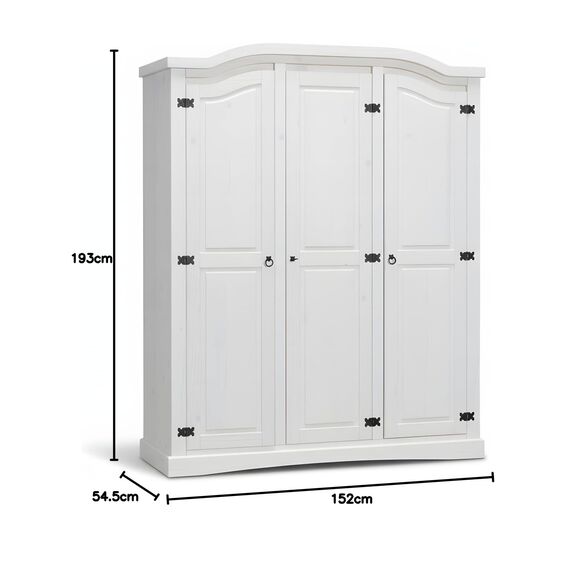 Hacienda-Look – 3trg massiv Kiefer Mexico Kleiderschrank "New Mexiko" Schlafzimmer-Schrank weiß – H193xB 152xT 54,5 cm – massive Kiefer – Farbe Weiß – Hacienda-Stil – wärmender Massivholz-Look fürs