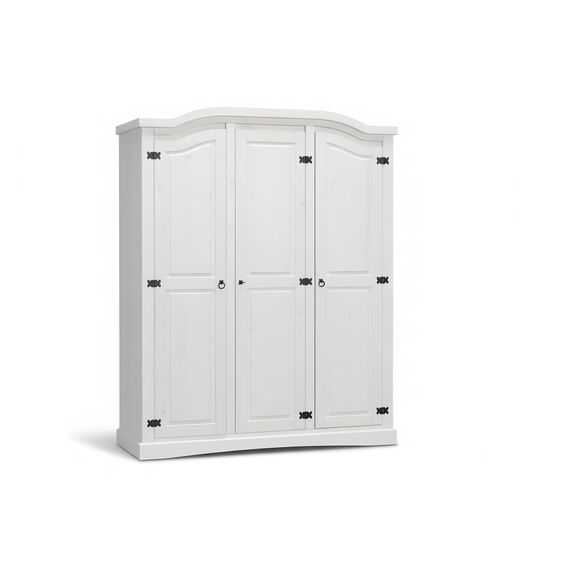 Hacienda-Look – 3trg massiv Kiefer Mexico Kleiderschrank "New Mexiko" Schlafzimmer-Schrank weiß – H193xB 152xT 54,5 cm – massive Kiefer – Farbe Weiß – Hacienda-Stil – wärmender Massivholz-Look fürs