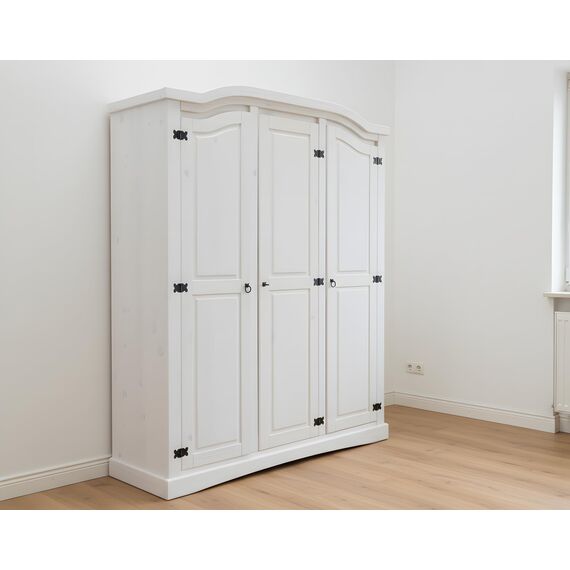 Hacienda-Look – 3trg massiv Kiefer Mexico Kleiderschrank "New Mexiko" Schlafzimmer-Schrank weiß – H193xB 152xT 54,5 cm – massive Kiefer – Farbe Weiß – Hacienda-Stil – wärmender Massivholz-Look fürs