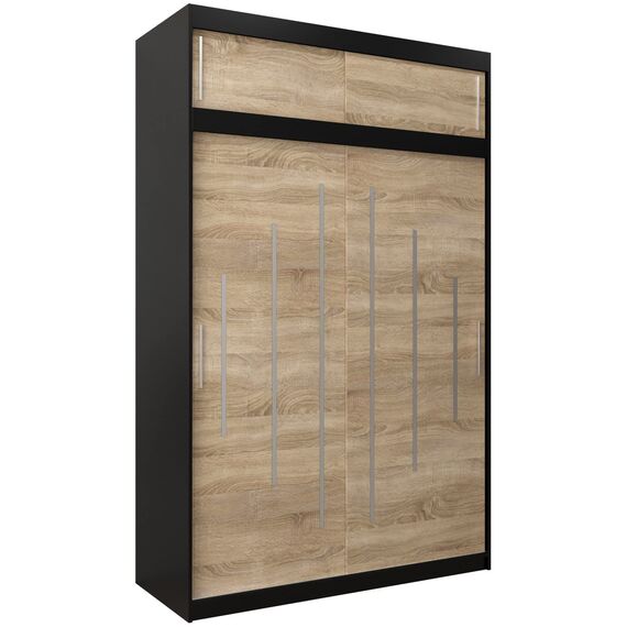 Kryspol Schwebetürenschrank York 150 cm Kleiderschrank mit Kleiderstange und Einlegeboden Schlafzimmer- Wohnzimmerschrank Schiebetüren Modern Design (Schwarz + Sonoma mit Erweiterung)
