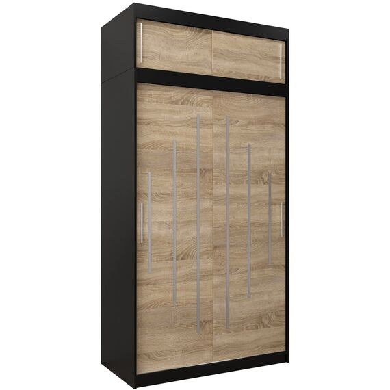 Kryspol Schwebetürenschrank York 120 cm Kleiderschrank mit Kleiderstange und Einlegeboden Schlafzimmer- Wohnzimmerschrank Schiebetüren Modern Design (Schwarz + Sonoma mit Erweiterung)