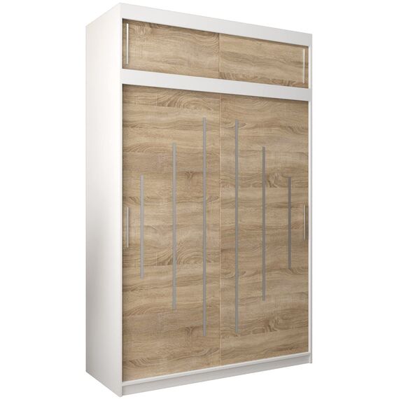 Kryspol Schwebetürenschrank York 150 cm Kleiderschrank mit Kleiderstange und Einlegeboden Schlafzimmer- Wohnzimmerschrank Schiebetüren Modern Design (Weiß + Sonoma mit Erweiterung)