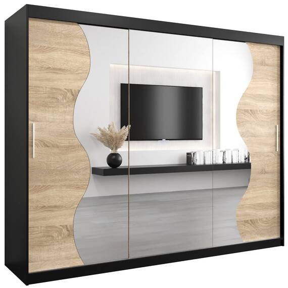 KRYSPOL Schwebetürenschrank Madryt 250 cm mit Spiegel Kleiderschrank mit Kleiderstange und Einlegeboden Schlafzimmer- Wohnzimmerschrank Schiebetüren Modern Design (Schwarz + Sonoma)