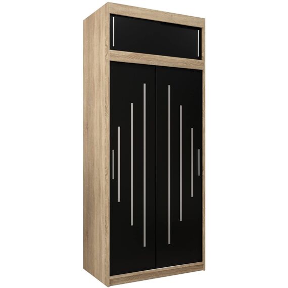 Kryspol Schwebetürenschrank York 100 cm Kleiderschrank mit Kleiderstange und Einlegeboden Schlafzimmer- Wohnzimmerschrank Schiebetüren Modern Design (Sonoma + Schwarz mit Erweiterung)