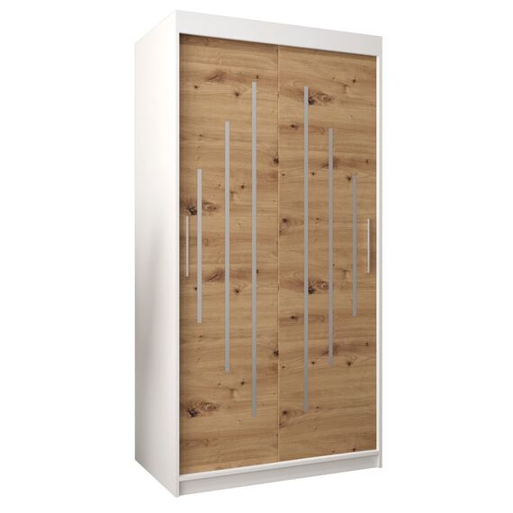 MEBLE KRYSPOL - Kleiderschrank, Schlafzimmerschrank - Schrank Zwei Türen - 4 Fachböden, 2 Stangen, Fachboden - Garderobenschrank York, Körperfarbe Weiß, Frontfarbe Artisan - 100x62x200cm