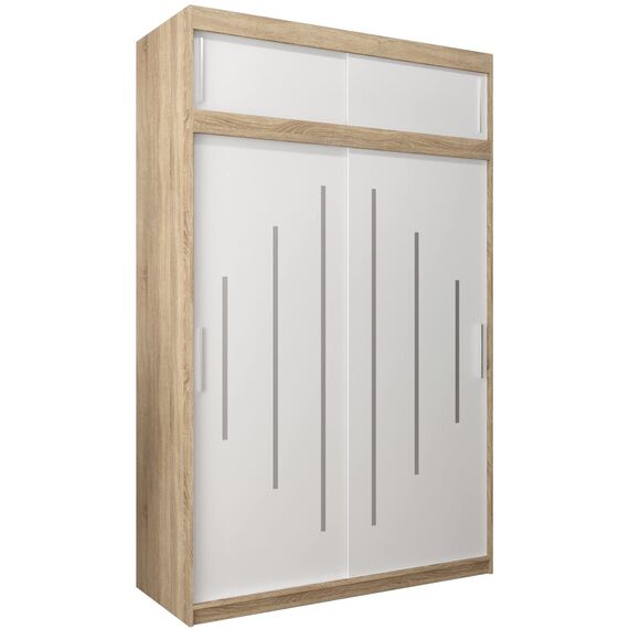 Kryspol Schwebetürenschrank York 150 cm Kleiderschrank mit Kleiderstange und Einlegeboden Schlafzimmer- Wohnzimmerschrank Schiebetüren Modern Design (Sonoma + Weiß mit Erweiterung)