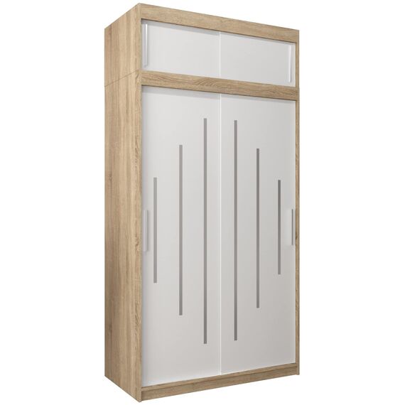 Kryspol Schwebetürenschrank York 120 cm Kleiderschrank mit Kleiderstange und Einlegeboden Schlafzimmer- Wohnzimmerschrank Schiebetüren Modern Design (Sonoma + Weiß mit Erweiterung)