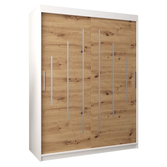 MEBLE KRYSPOL - Kleiderschrank, Schlafzimmerschrank - Schrank Zwei Türen - 4 Fachböden, 2 Stangen, Fachboden - Garderobenschrank York, Körperfarbe Weiß, Frontfarbe Artisan - 150x62x200cm