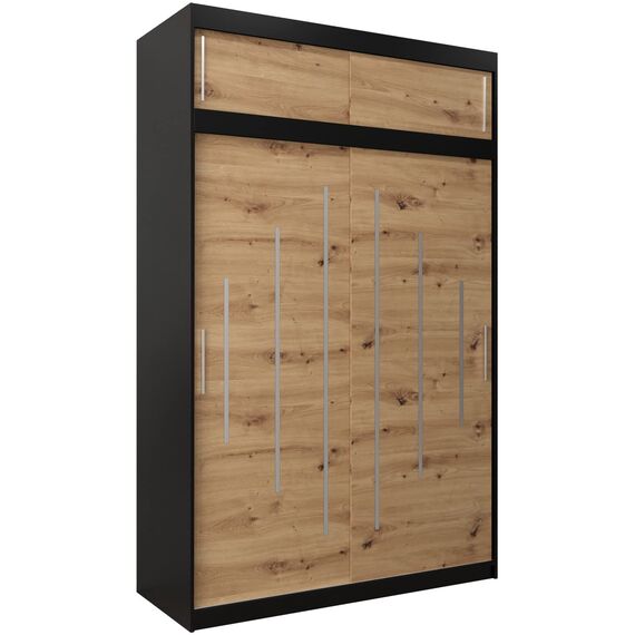 Kryspol Schwebetürenschrank York 150 cm Kleiderschrank mit Kleiderstange und Einlegeboden Schlafzimmer- Wohnzimmerschrank Schiebetüren Modern Design (Schwarz + Artisan Eiche mit Erweiterung)