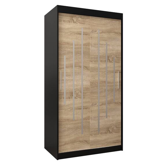 MEBLE KRYSPOL - Kleiderschrank, Schlafzimmerschrank - Schrank Zwei Türen - 4 Fachböden, 2 Stangen, Fachboden - Garderobenschrank York, Körperfarbe Schwarz, Frontfarbe Sonoma - 100x62x200cm