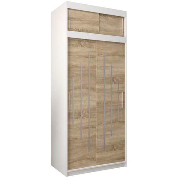 Kryspol Schwebetürenschrank York 100 cm Kleiderschrank mit Kleiderstange und Einlegeboden Schlafzimmer- Wohnzimmerschrank Schiebetüren Modern Design (Weiß + Sonoma mit Erweiterung)