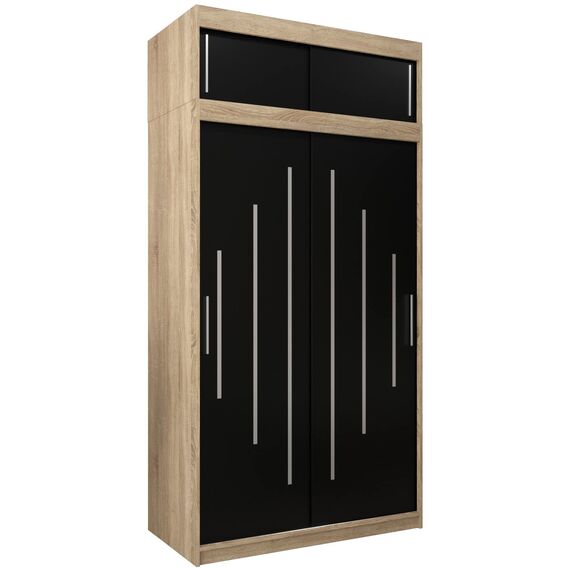 Kryspol Schwebetürenschrank York 120 cm Kleiderschrank mit Kleiderstange und Einlegeboden Schlafzimmer- Wohnzimmerschrank Schiebetüren Modern Design (Sonoma + Schwarz mit Erweiterung)