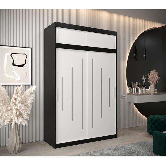 Kryspol Schwebetürenschrank York 150 cm Kleiderschrank mit Kleiderstange und Einlegeboden Schlafzimmer- Wohnzimmerschrank Schiebetüren Modern Design (Schwarz + Weiß mit Erweiterung)