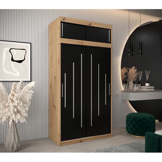 Kryspol Schwebetürenschrank York 120 cm Kleiderschrank mit Kleiderstange und Einlegeboden Schlafzimmer- Wohnzimmerschrank Schiebetüren Modern Design (Artisan Eiche + Schwarz mit Erweiterung)