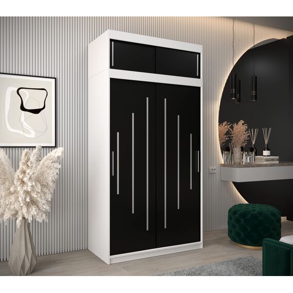 Kryspol Schwebetürenschrank York 120 cm Kleiderschrank mit Kleiderstange und Einlegeboden Schlafzimmer- Wohnzimmerschrank Schiebetüren Modern Design (Weiß + Schwarz mit Erweiterung)
