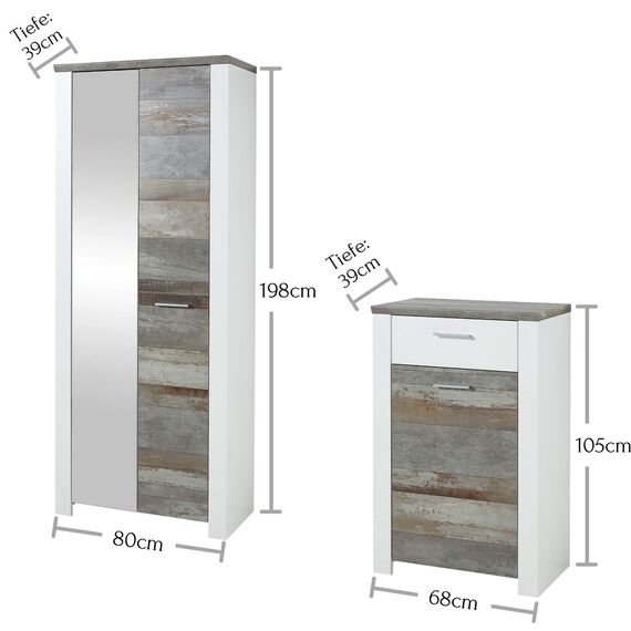 Stella Trading MATEO Garderoben Set in Weiß mit Driftwood Optik - Moderne Flurgarderobe für Ihren Eingangsbereich - 269 x 198 x 39 cm (B/H/T)