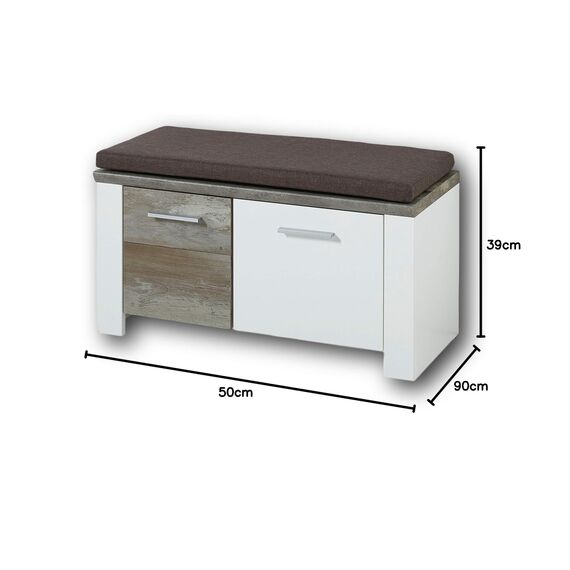 Stella Trading MATEO Schuhbank mit Sitzfläche in Weiß mit Driftwood Optik - bequeme Sitzbank mit Stauraum für Ihren Flur - 90 x 50 x 39 cm (B/H/T)