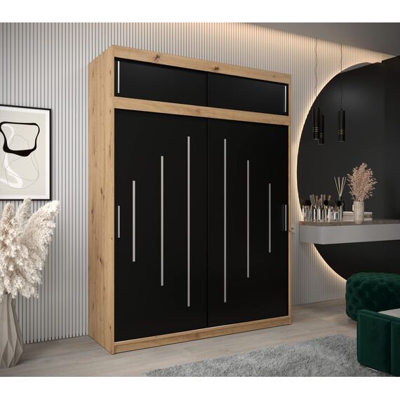 Kryspol Schwebetürenschrank York 180 cm Kleiderschrank mit Kleiderstange und Einlegeboden Schlafzimmer- Wohnzimmerschrank Schiebetüren Modern Design (Artisan Eiche + Schwarz mit Erweiterung)