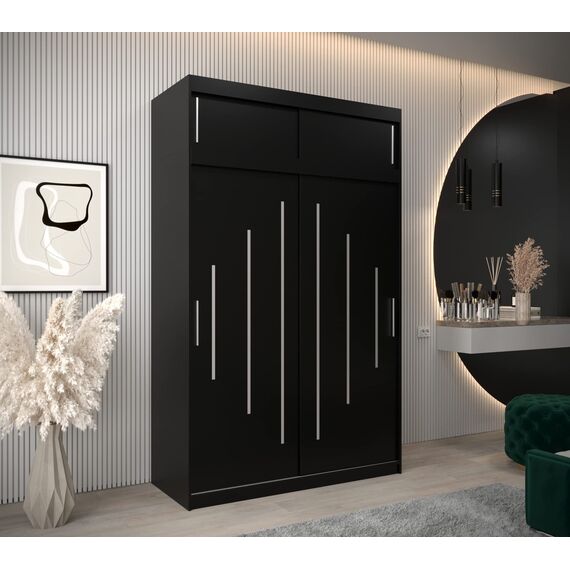 Kryspol Schwebetürenschrank York 150 cm Kleiderschrank mit Kleiderstange und Einlegeboden Schlafzimmer- Wohnzimmerschrank Schiebetüren Modern Design (Schwarz mit Erweiterung)
