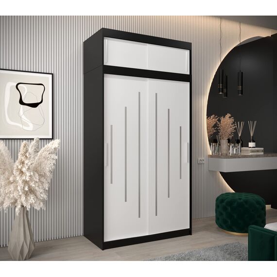 Kryspol Schwebetürenschrank York 120 cm Kleiderschrank mit Kleiderstange und Einlegeboden Schlafzimmer- Wohnzimmerschrank Schiebetüren Modern Design (Schwarz + Weiß mit Erweiterung)