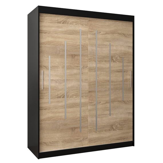MEBLE KRYSPOL - Kleiderschrank, Schlafzimmerschrank - Schrank Zwei Türen - 4 Fachböden, 2 Stangen, Fachboden - Garderobenschrank York, Körperfarbe Schwarz, Frontfarbe Sonoma - 150x62x200cm