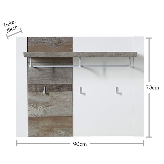 Stella Trading MATEO Breite Garderobenleiste in Weiß mit Driftwood Optik - Moderne Hutablage & zuverlässige Wandhaken für Jacken & Taschen - 90 x 70 x 29 cm (B/H/T)