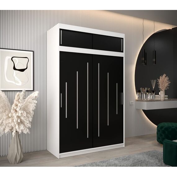 Kryspol Schwebetürenschrank York 150 cm Kleiderschrank mit Kleiderstange und Einlegeboden Schlafzimmer- Wohnzimmerschrank Schiebetüren Modern Design (Weiß + Schwarz mit Erweiterung)