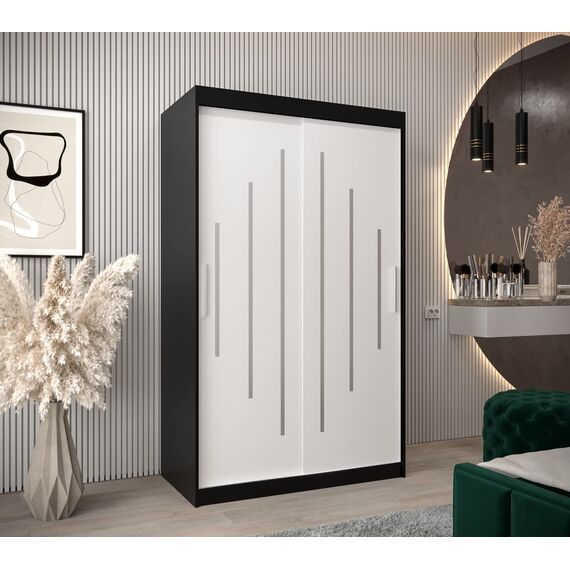 MEBLE KRYSPOL - Kleiderschrank, Schlafzimmerschrank - Schrank Zwei Türen - 4 Fachböden, 2 Stangen, Fachboden - Garderobenschrank York, Körperfarbe Schwarz, Frontfarbe Weiß - 120x62x200cm