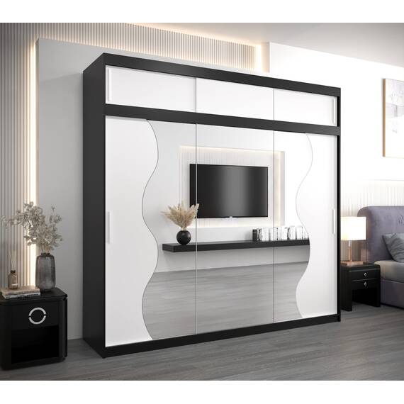 KRYSPOL Schwebetürenschrank Madryt 250 cm mit Spiegel Kleiderschrank mit Kleiderstange und Einlegeboden Schlafzimmer- Wohnzimmerschrank Schiebetüren Modern Design (Schwarz + Weiß mit Erweiterung)