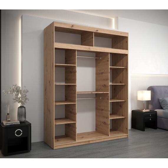Kryspol Schwebetürenschrank York 180 cm Kleiderschrank mit Kleiderstange und Einlegeboden Schlafzimmer- Wohnzimmerschrank Schiebetüren Modern Design (Artisan Eiche + Schwarz mit Erweiterung)
