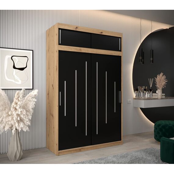 Kryspol Schwebetürenschrank York 150 cm Kleiderschrank mit Kleiderstange und Einlegeboden Schlafzimmer- Wohnzimmerschrank Schiebetüren Modern Design (Artisan Eiche + Schwarz mit Erweiterung)