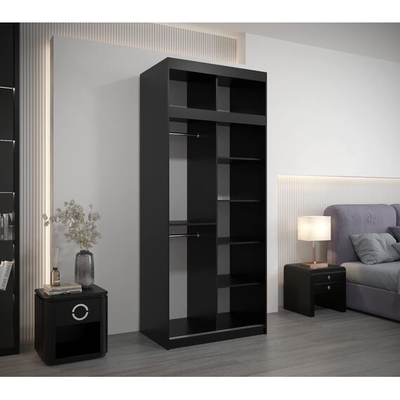 Kryspol Schwebetürenschrank York 100 cm Kleiderschrank mit Kleiderstange und Einlegeboden Schlafzimmer- Wohnzimmerschrank Schiebetüren Modern Design (Schwarz + Artisan Eiche mit Erweiterung)