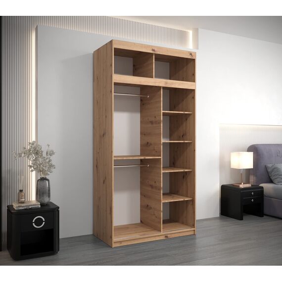 Kryspol Schwebetürenschrank York 120 cm Kleiderschrank mit Kleiderstange und Einlegeboden Schlafzimmer- Wohnzimmerschrank Schiebetüren Modern Design (Artisan Eiche + Weiß mit Erweiterung)