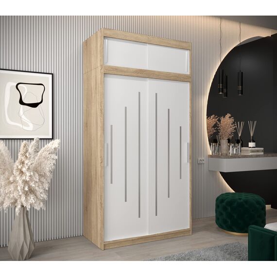 Kryspol Schwebetürenschrank York 120 cm Kleiderschrank mit Kleiderstange und Einlegeboden Schlafzimmer- Wohnzimmerschrank Schiebetüren Modern Design (Sonoma + Weiß mit Erweiterung)
