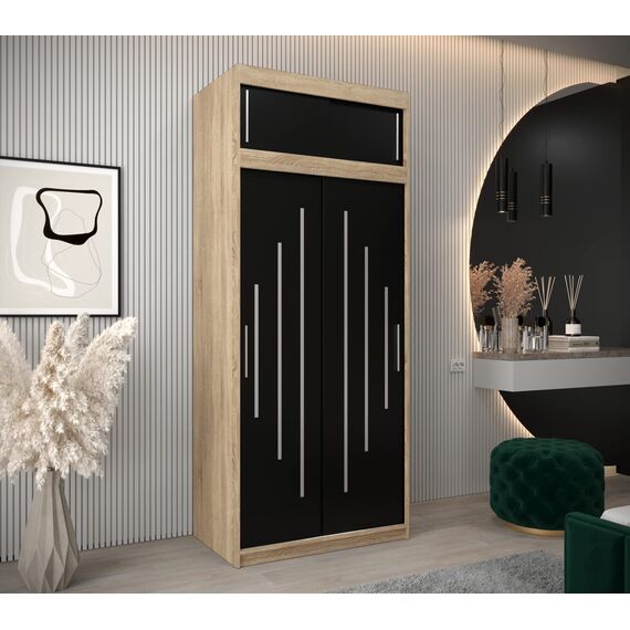 Kryspol Schwebetürenschrank York 100 cm Kleiderschrank mit Kleiderstange und Einlegeboden Schlafzimmer- Wohnzimmerschrank Schiebetüren Modern Design (Sonoma + Schwarz mit Erweiterung)