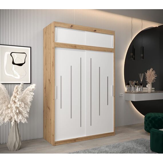 Kryspol Schwebetürenschrank York 150 cm Kleiderschrank mit Kleiderstange und Einlegeboden Schlafzimmer- Wohnzimmerschrank Schiebetüren Modern Design (Artisan Eiche + Weiß mit Erweiterung)