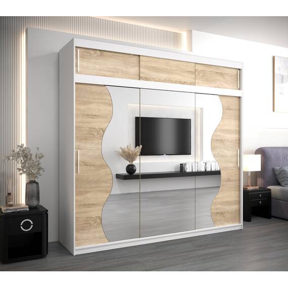 KRYSPOL Schwebetürenschrank Madryt 250 cm mit Spiegel Kleiderschrank mit Kleiderstange und Einlegeboden Schlafzimmer- Wohnzimmerschrank Schiebetüren Modern Design (Weiß + Sonoma mit Erweiterung)