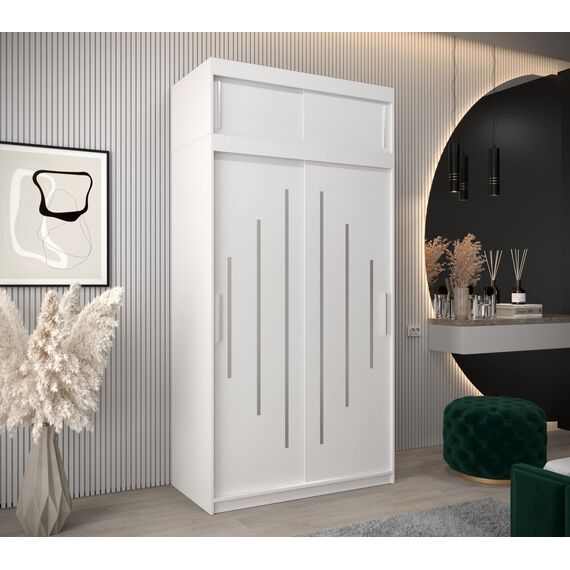 Kryspol Schwebetürenschrank York 120 cm Kleiderschrank mit Kleiderstange und Einlegeboden Schlafzimmer- Wohnzimmerschrank Schiebetüren Modern Design (Weiß mit Erweiterung)