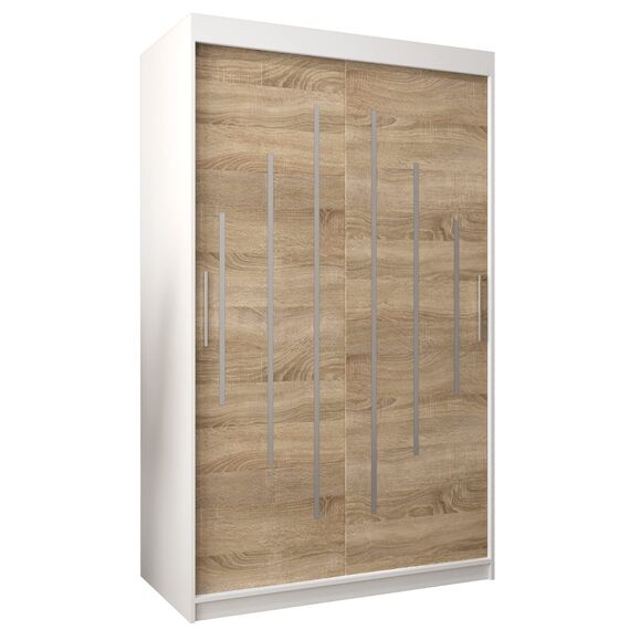 MEBLE KRYSPOL - Kleiderschrank, Schlafzimmerschrank - Schrank Zwei Türen - 4 Fachböden, 2 Stangen, Fachboden - Garderobenschrank York, Körperfarbe Weiß, Frontfarbe Sonoma - 120x62x200cm