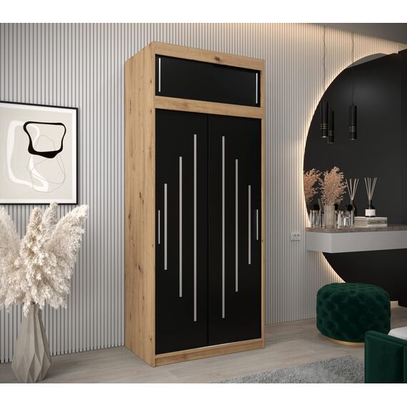 Kryspol Schwebetürenschrank York 100 cm Kleiderschrank mit Kleiderstange und Einlegeboden Schlafzimmer- Wohnzimmerschrank Schiebetüren Modern Design (Artisan Eiche + Schwarz mit Erweiterung)