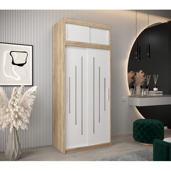 Kryspol Schwebetürenschrank York 100 cm Kleiderschrank mit Kleiderstange und Einlegeboden Schlafzimmer- Wohnzimmerschrank Schiebetüren Modern Design (Sonoma + Weiß mit Erweiterung)