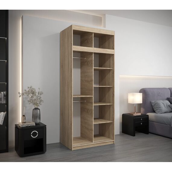 Kryspol Schwebetürenschrank York 100 cm Kleiderschrank mit Kleiderstange und Einlegeboden Schlafzimmer- Wohnzimmerschrank Schiebetüren Modern Design (Sonoma + Schwarz mit Erweiterung)