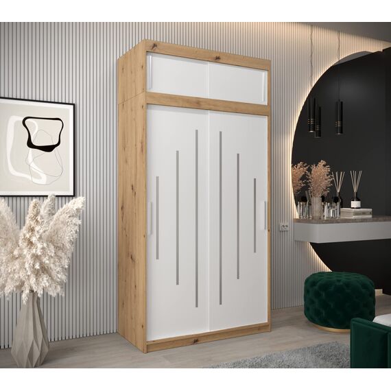 Kryspol Schwebetürenschrank York 120 cm Kleiderschrank mit Kleiderstange und Einlegeboden Schlafzimmer- Wohnzimmerschrank Schiebetüren Modern Design (Artisan Eiche + Weiß mit Erweiterung)