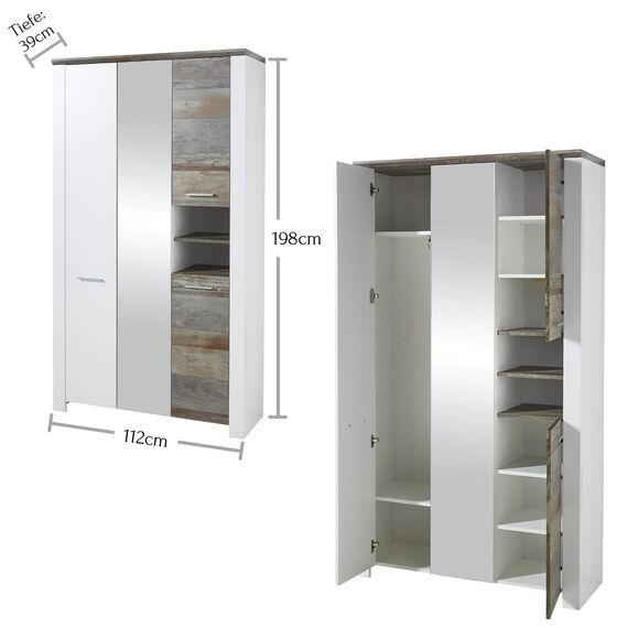Stella Trading MATEO Garderobenschrank in Weiß mit Driftwood Optik - Moderner Flurgarderoben Schrank mit Spiegeltür - 112 x 198 x 39 cm (B/H/T)
