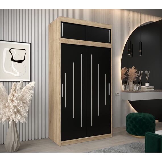 Kryspol Schwebetürenschrank York 120 cm Kleiderschrank mit Kleiderstange und Einlegeboden Schlafzimmer- Wohnzimmerschrank Schiebetüren Modern Design (Sonoma + Schwarz mit Erweiterung)
