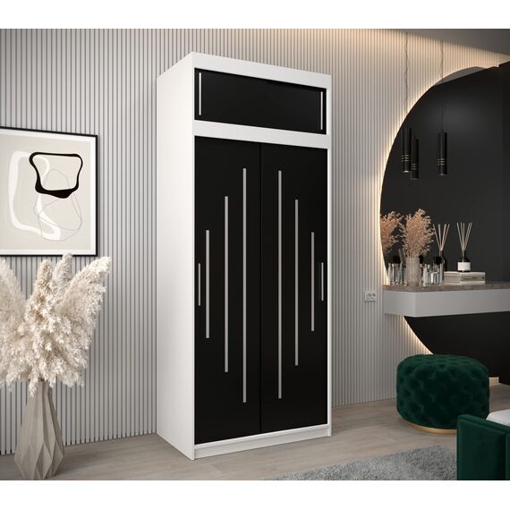 Kryspol Schwebetürenschrank York 100 cm Kleiderschrank mit Kleiderstange und Einlegeboden Schlafzimmer- Wohnzimmerschrank Schiebetüren Modern Design (Weiß + Schwarz mit Erweiterung)
